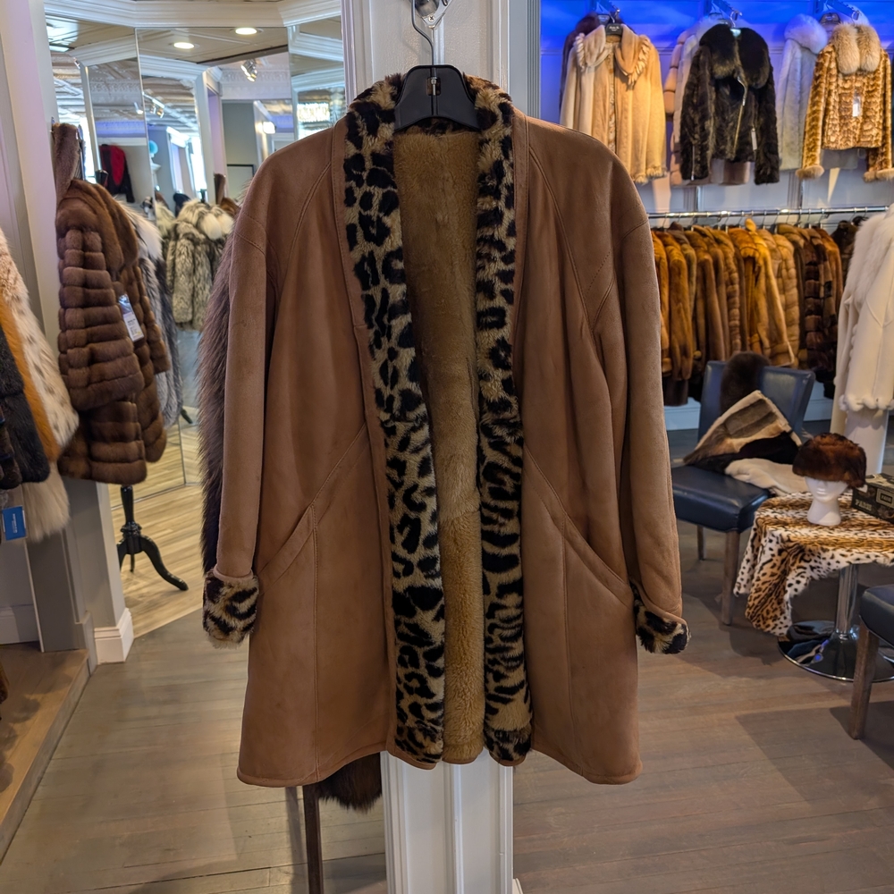Leopard Print Trim Brown  Shearling Women's Coat